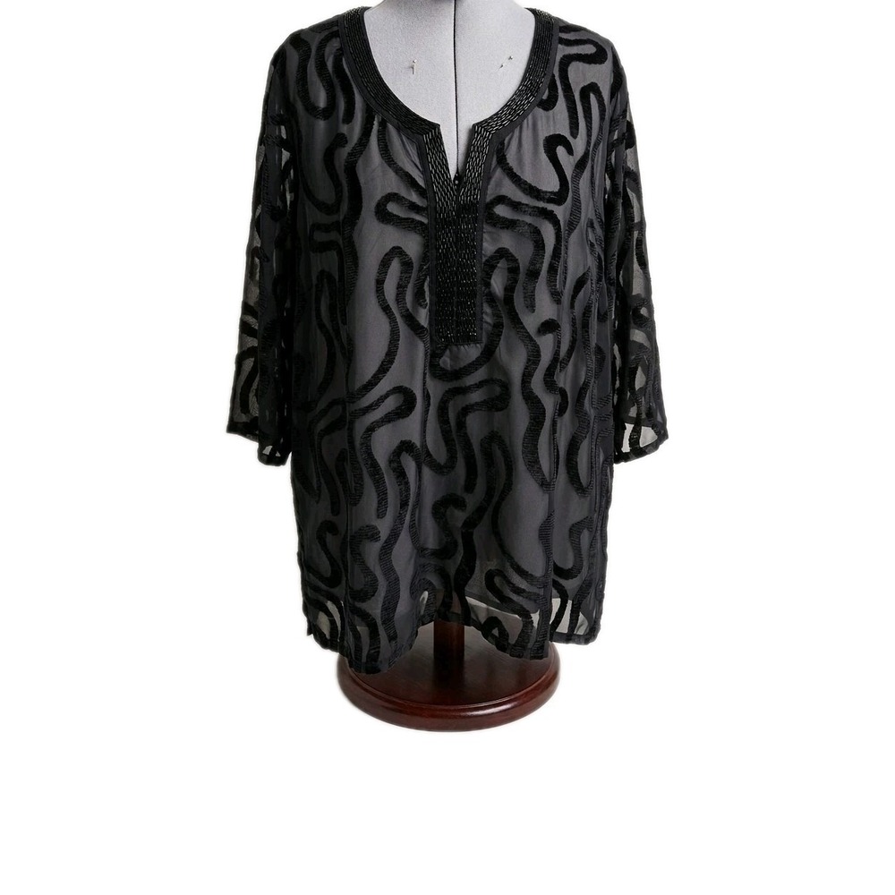 Ulla Popken Plus Size 28/30 Tunic Blouse Black Sheer Devore Velvet Beaded Kaftan